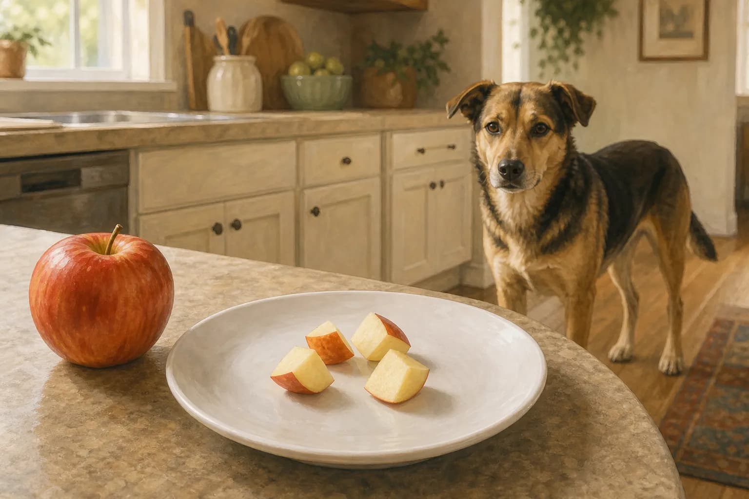 A dog stands on the kitchen floor behind a counter with a whole apple and a plate of apple pieces.