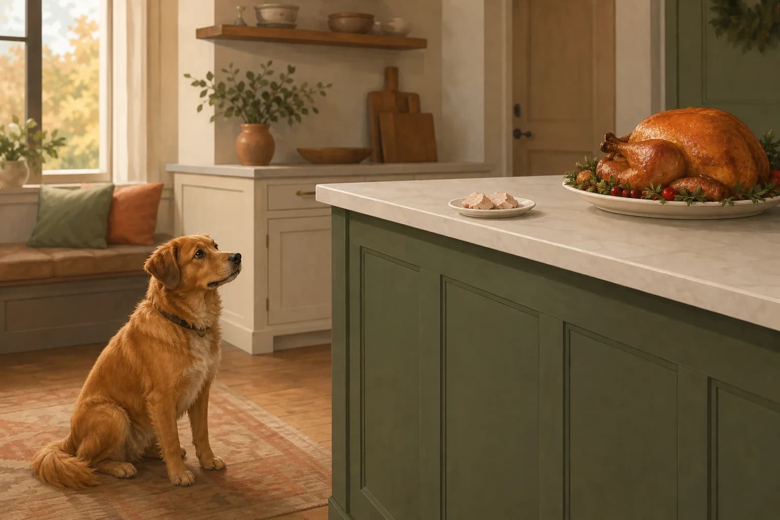 A dog sits on the kitchen floor beside a counter with a plate of plain turkey and a separate roasted turkey.