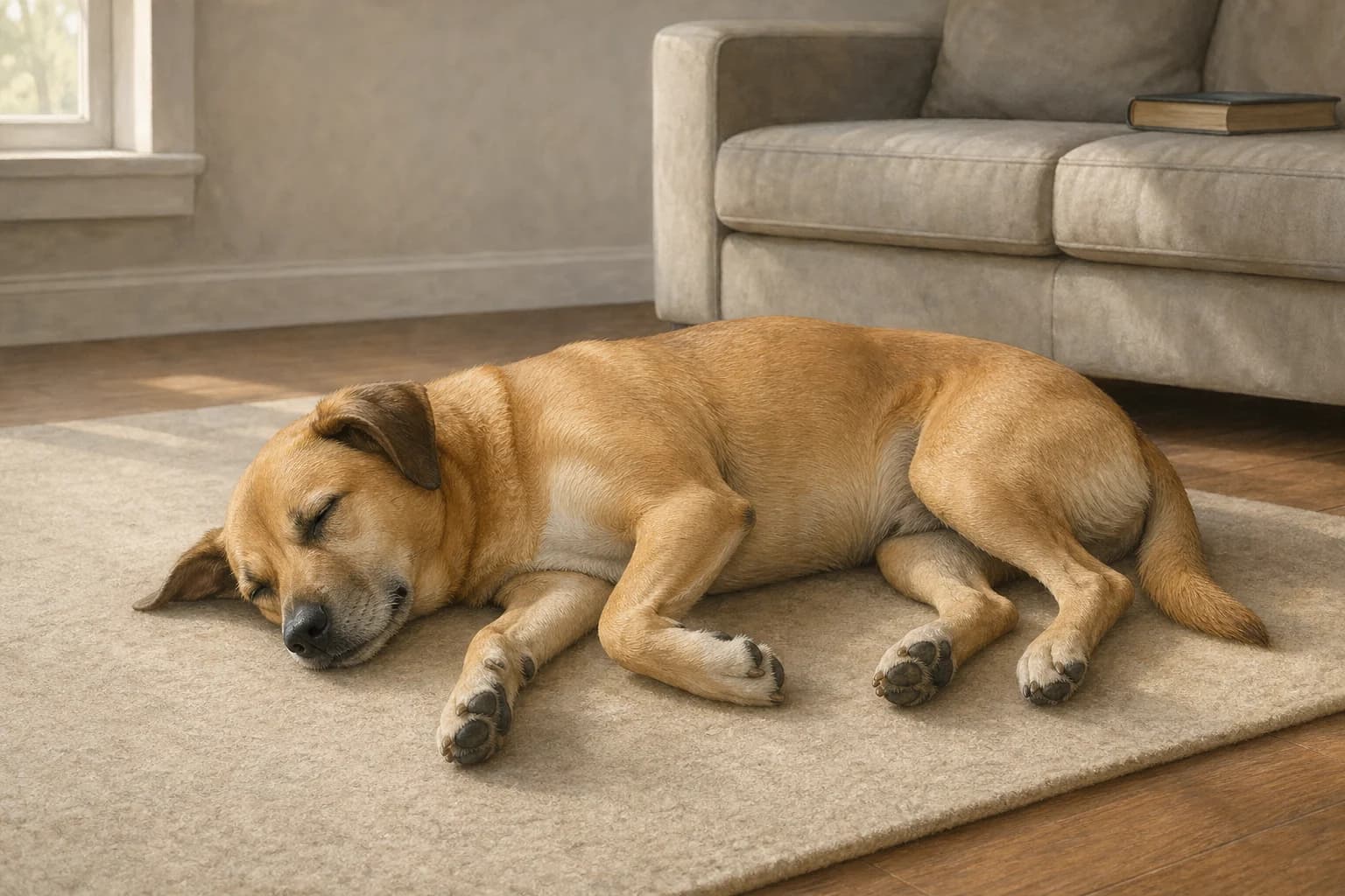 A tan dog sleeps on its side on a rug beside a sofa.
