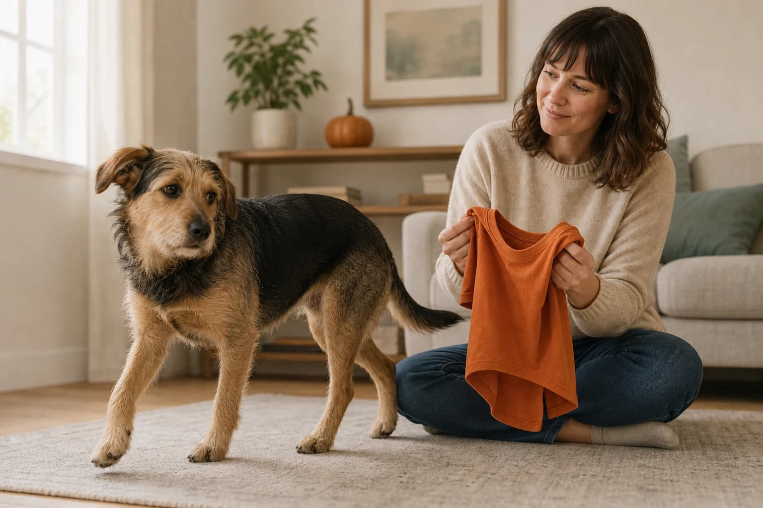 A relaxed dog stands without a costume while a caregiver holds a plain orange dog shirt nearby