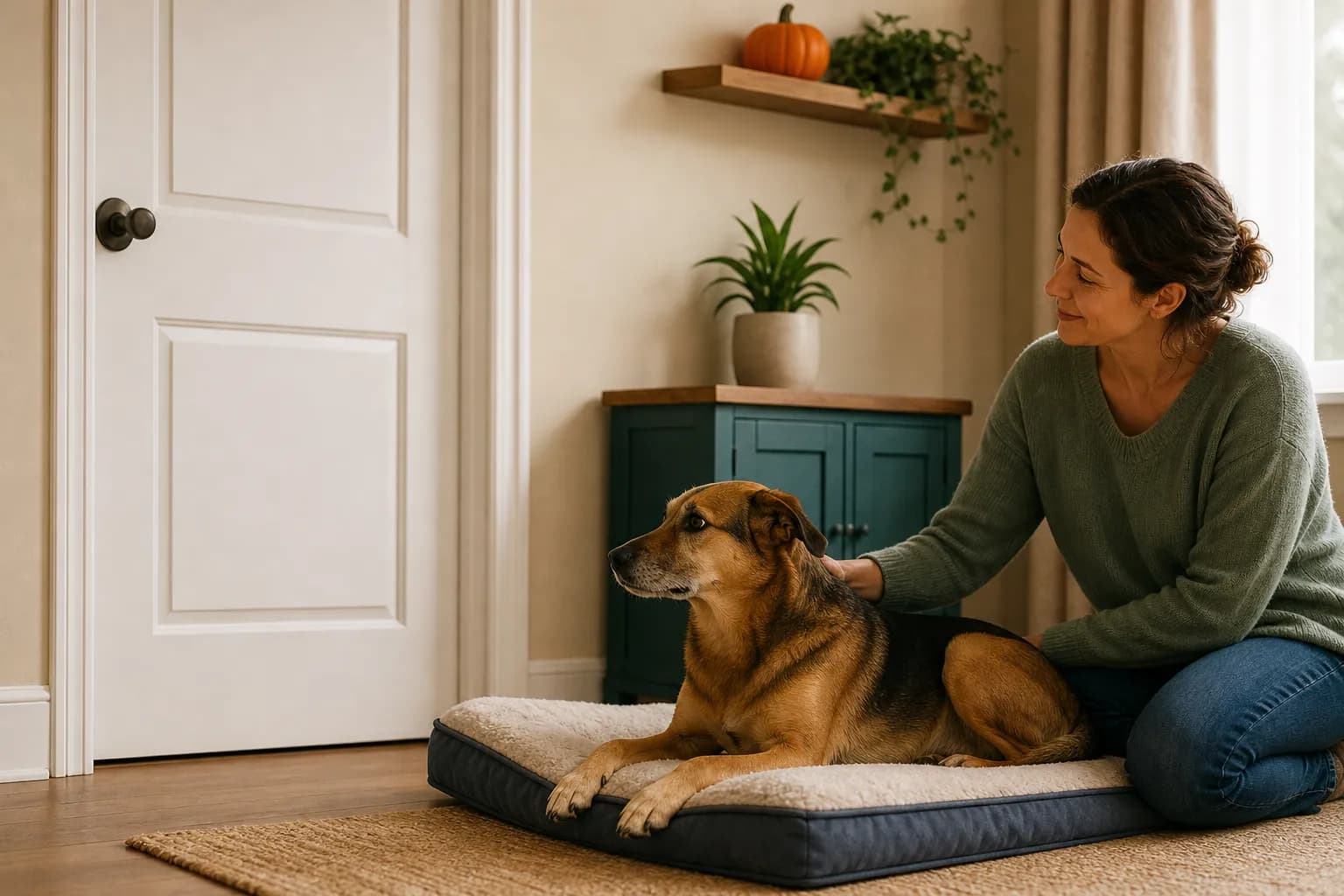 A dog rests on familiar bedding beside a caregiver in an indoor room with a closed interior door