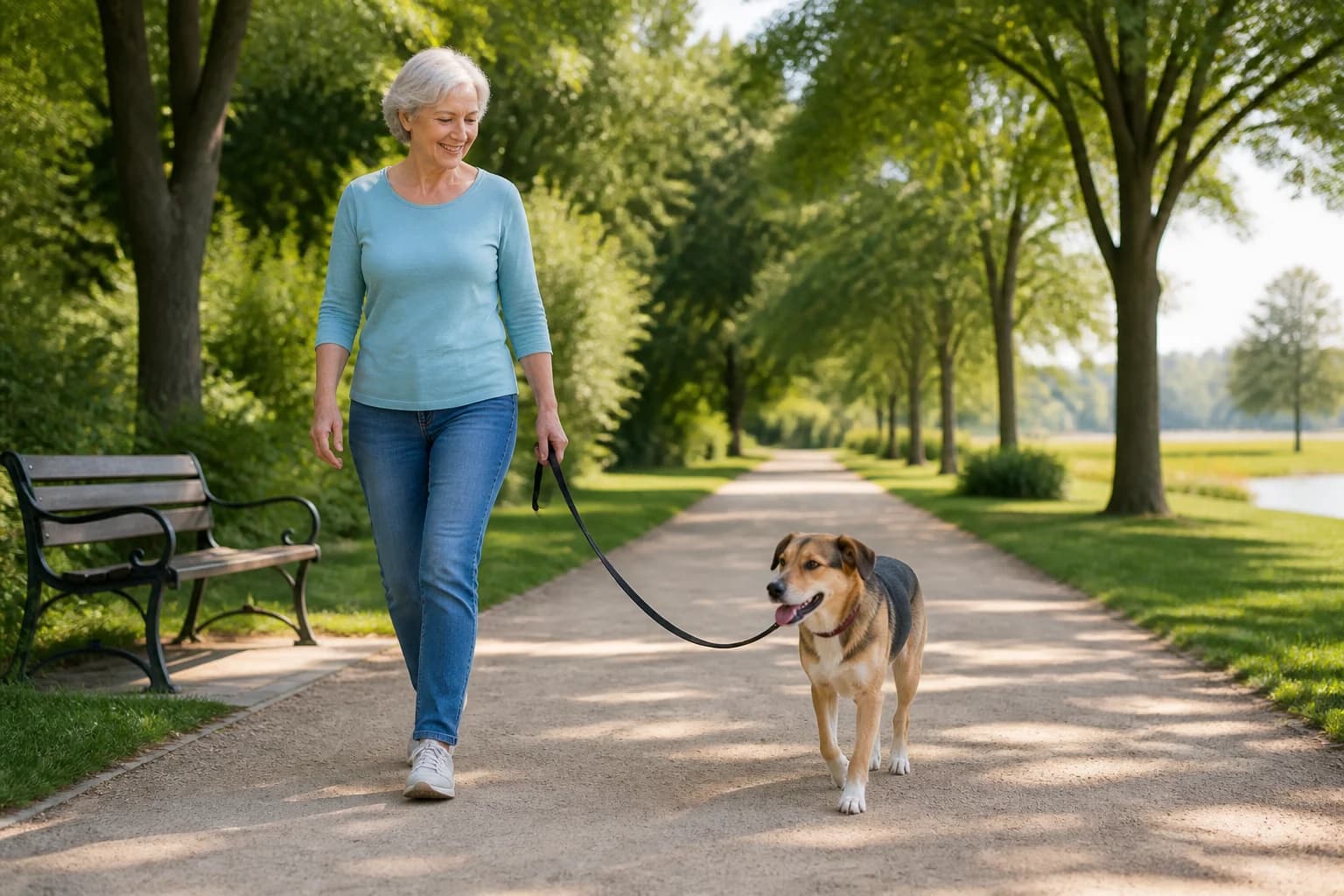 Illustration of an older woman walking a dog on a quiet park path with a lead