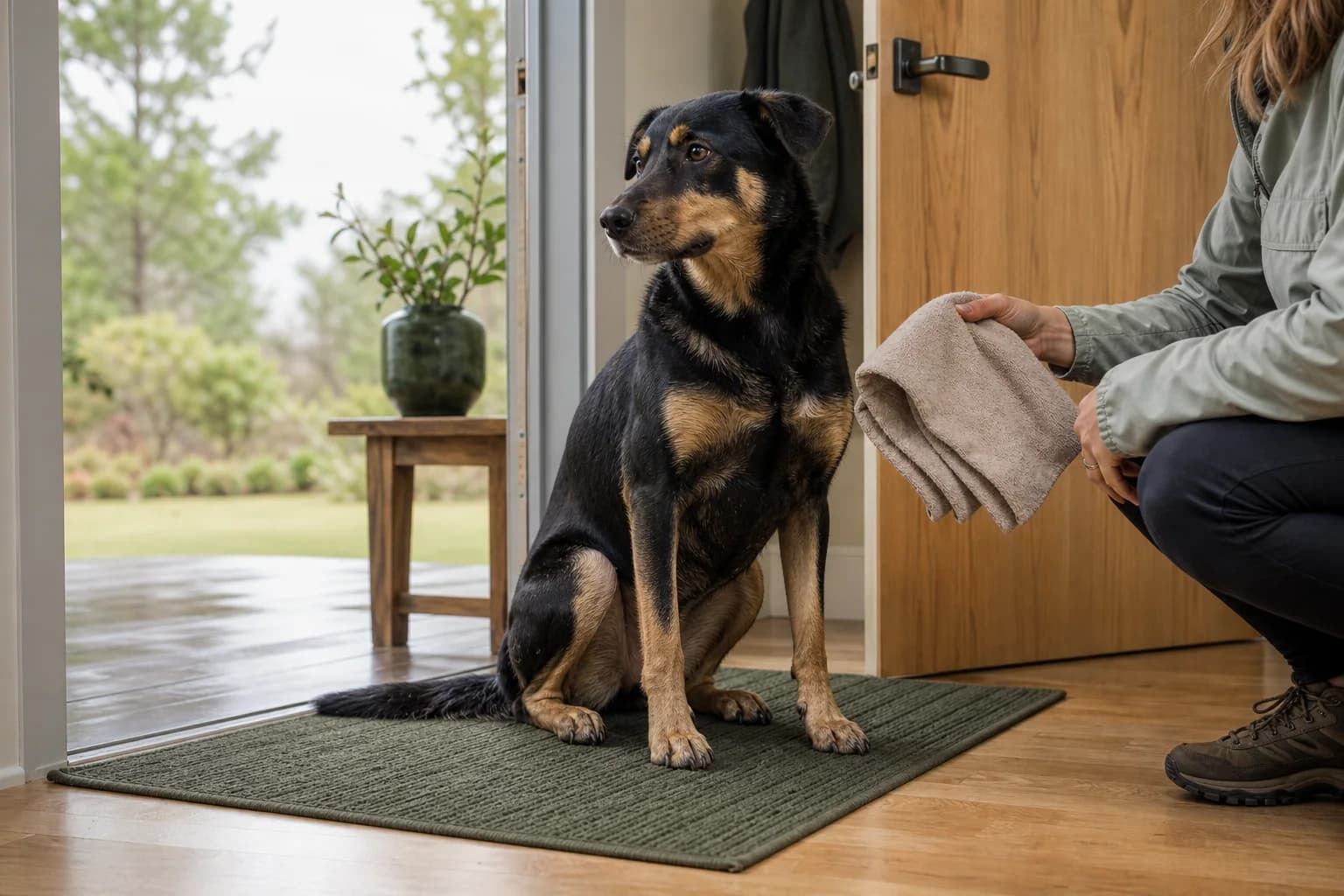 A calm dog sits on an entry mat while a caregiver holds a plain towel nearby