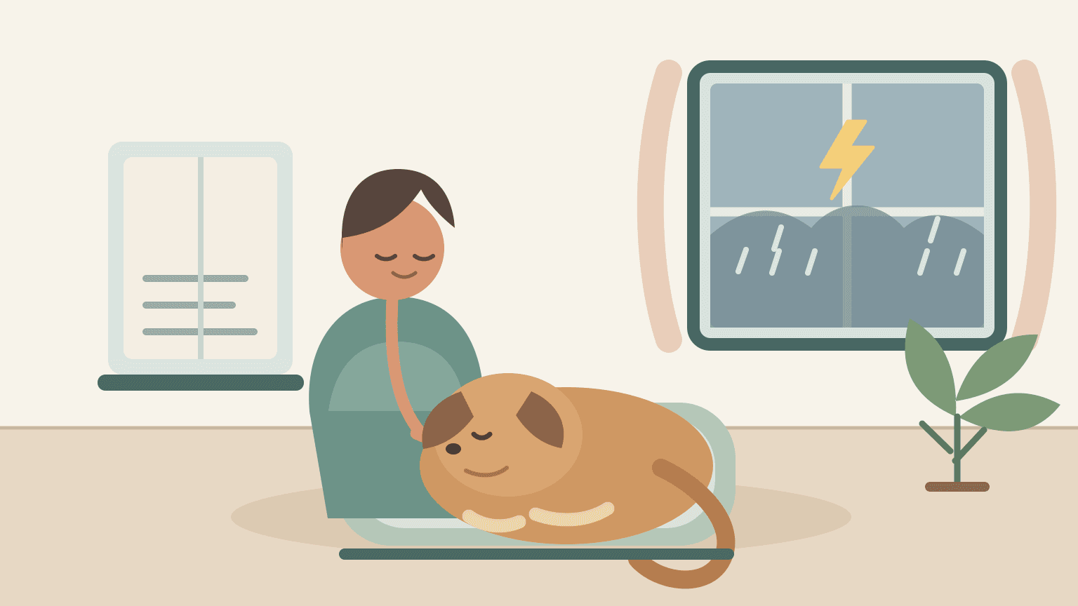 Original illustration of a dog resting on a familiar bed in an interior room while a caregiver sits nearby and rain shows at a window; no crate or restraint is shown.