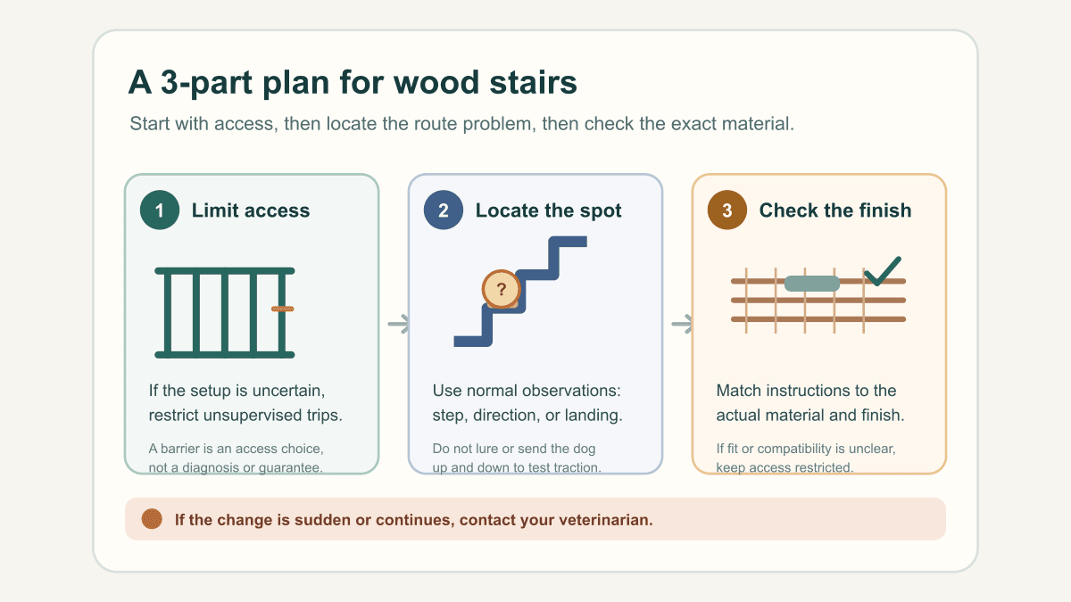 Three-step plan for a dog slipping on wood stairs: limit unsupervised access, locate the ordinary slip point, and check material instructions for the exact finish.