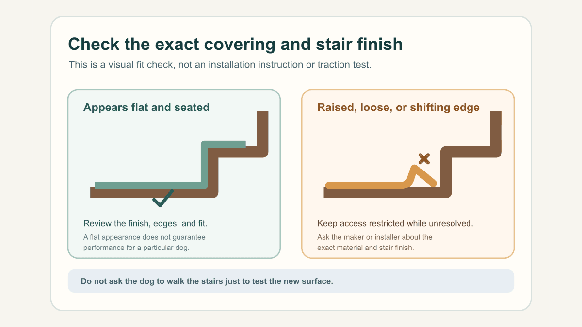 Conceptual comparison of a stair tread whose covering appears flat and seated with one showing a raised edge. Check the exact product instructions; this is not an installation specification or performance test.