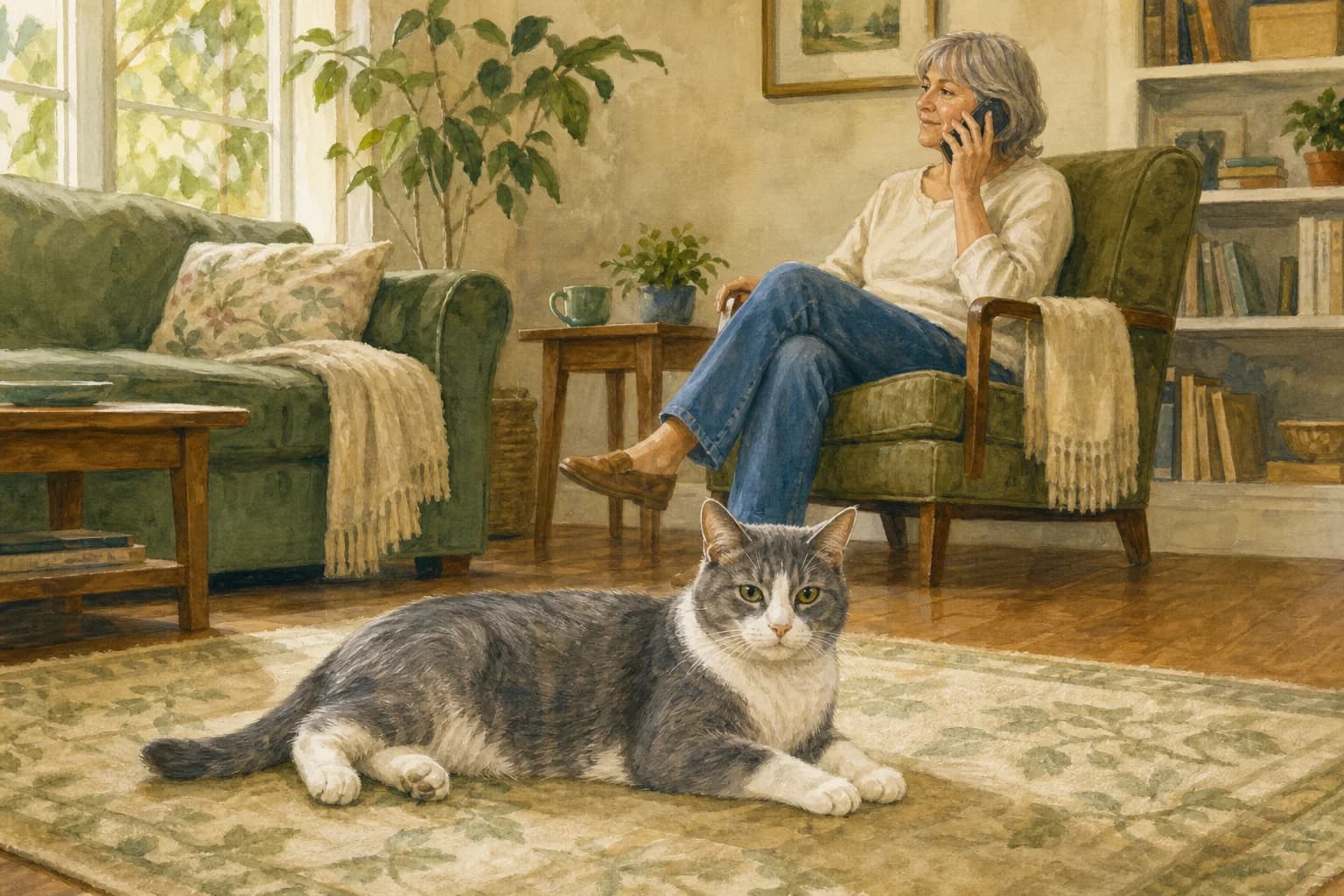 A gray-and-white cat rests on a rug near a seated caregiver speaking on the phone