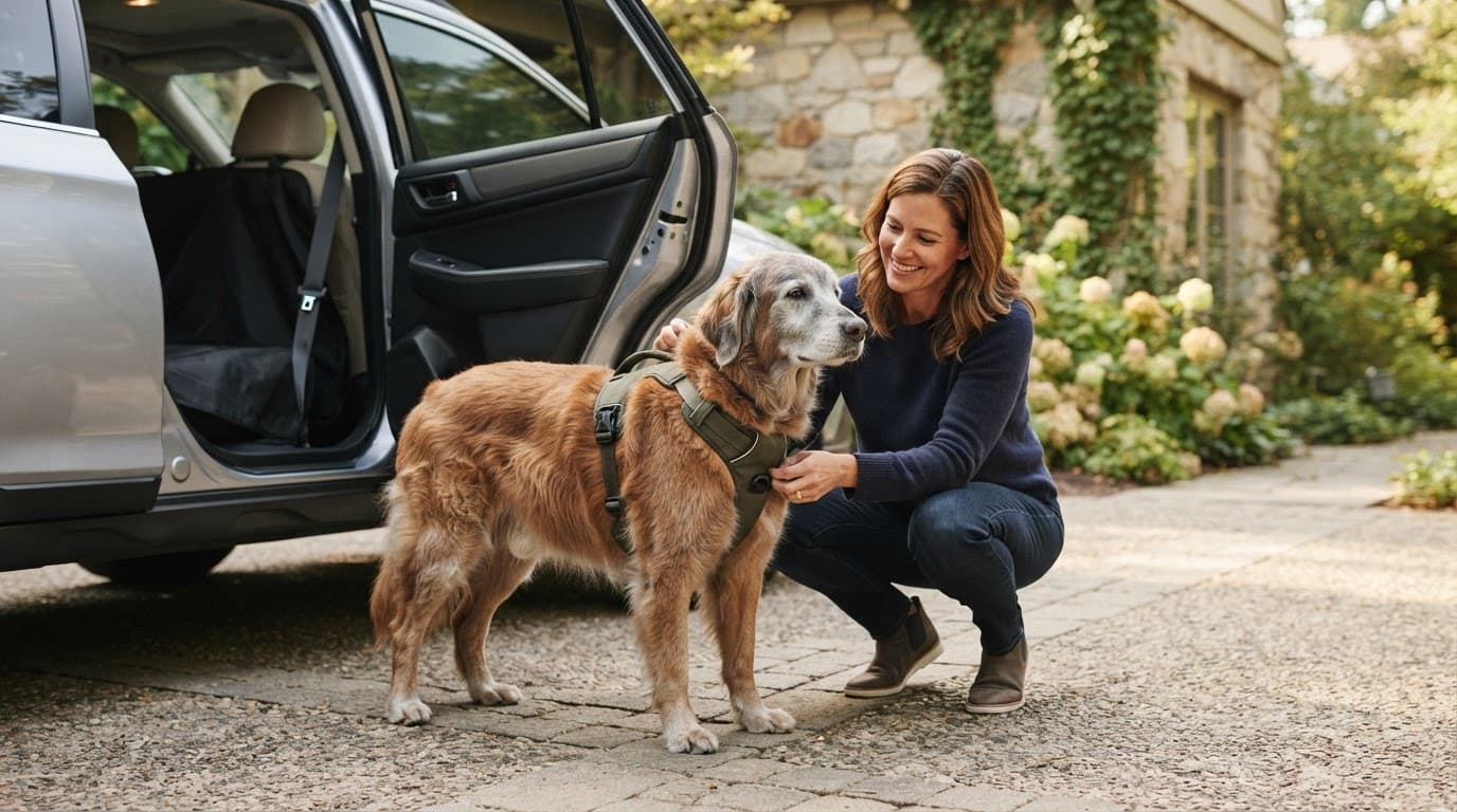 Gray-muzzled older dog standing beside a parked car while a caregiver checks an unbranded chest harness