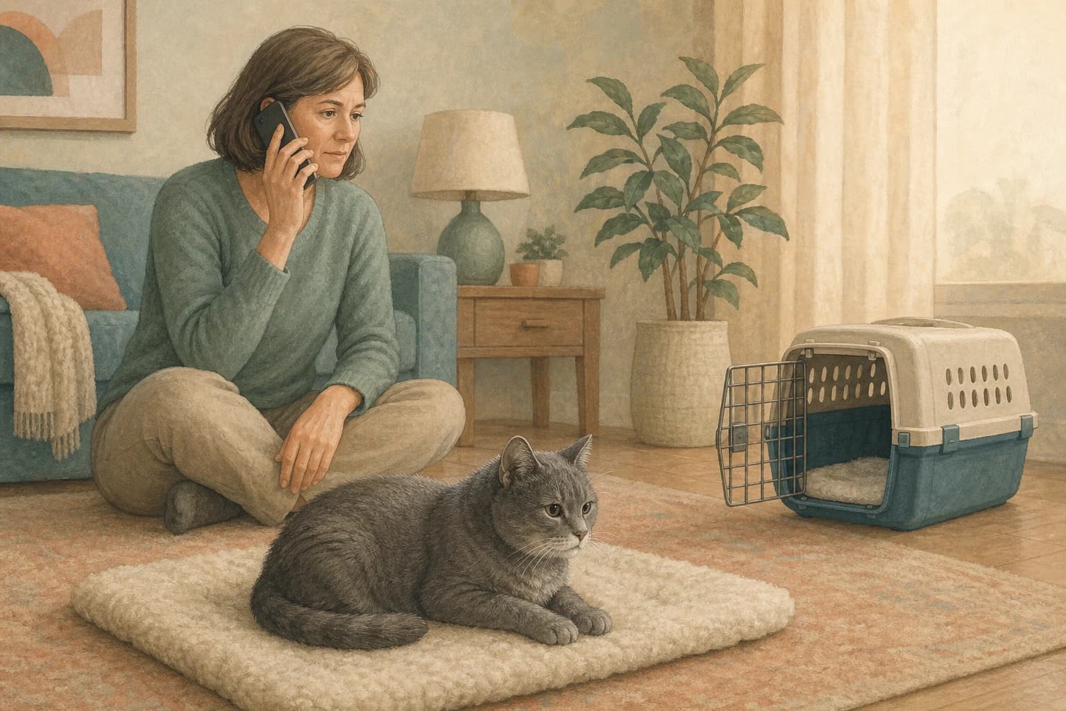 A caregiver calls a veterinary clinic while an older cat rests nearby