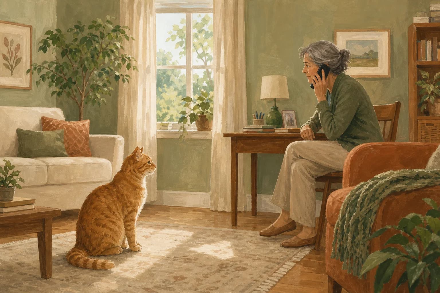 An orange tabby sits on a living-room rug near a caregiver speaking on the phone