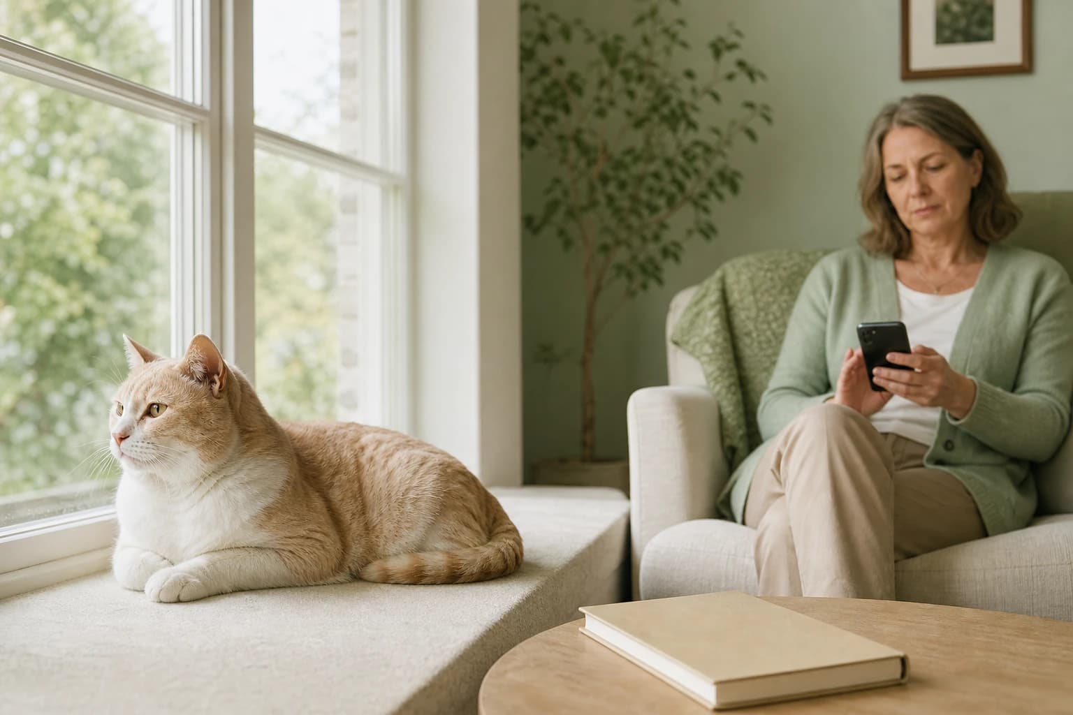 A caregiver notes an older cat’s visible eye change before calling a veterinary clinic