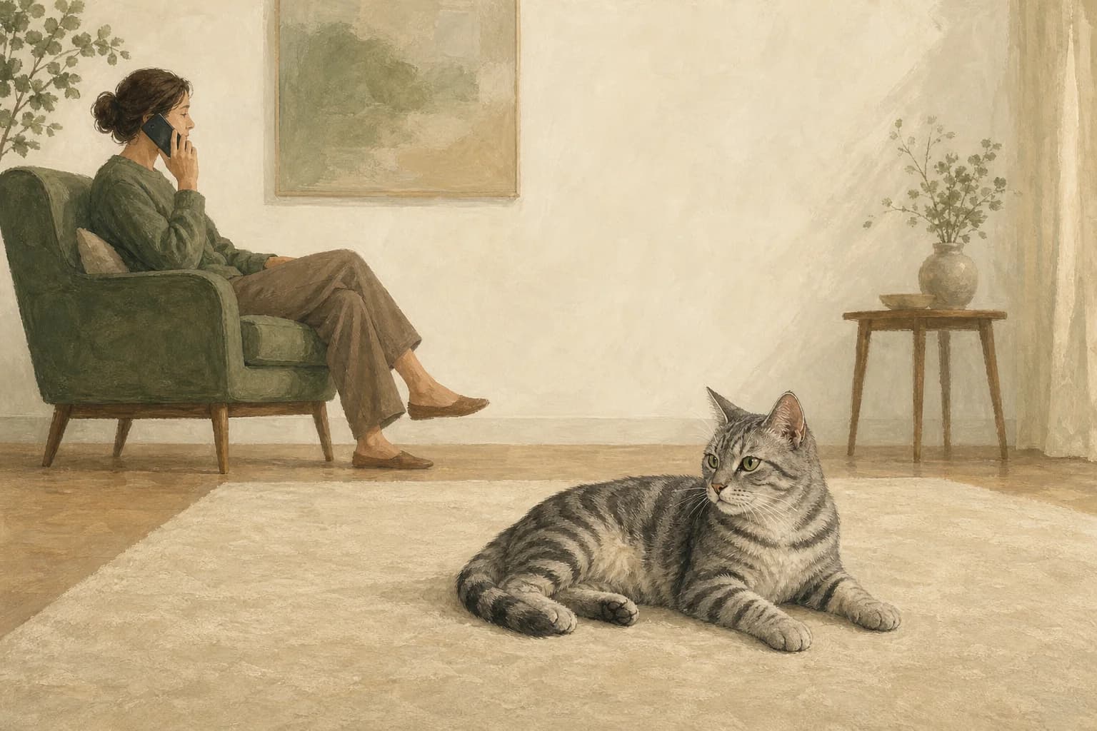 A tabby cat rests in clear floor space while a caregiver seated at a distance speaks on the phone