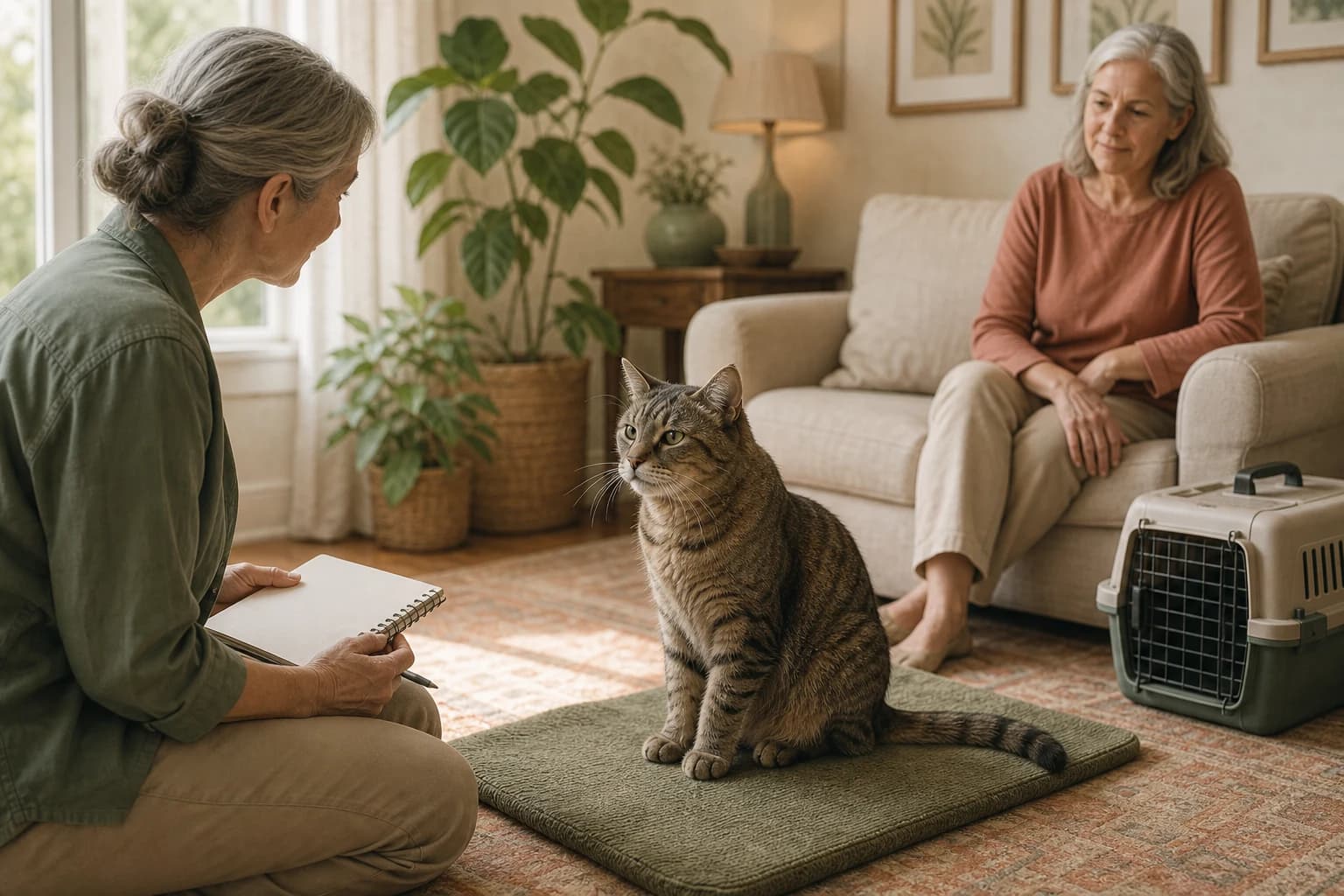 A caregiver prepares to call a veterinary clinic while an older cat rests nearby