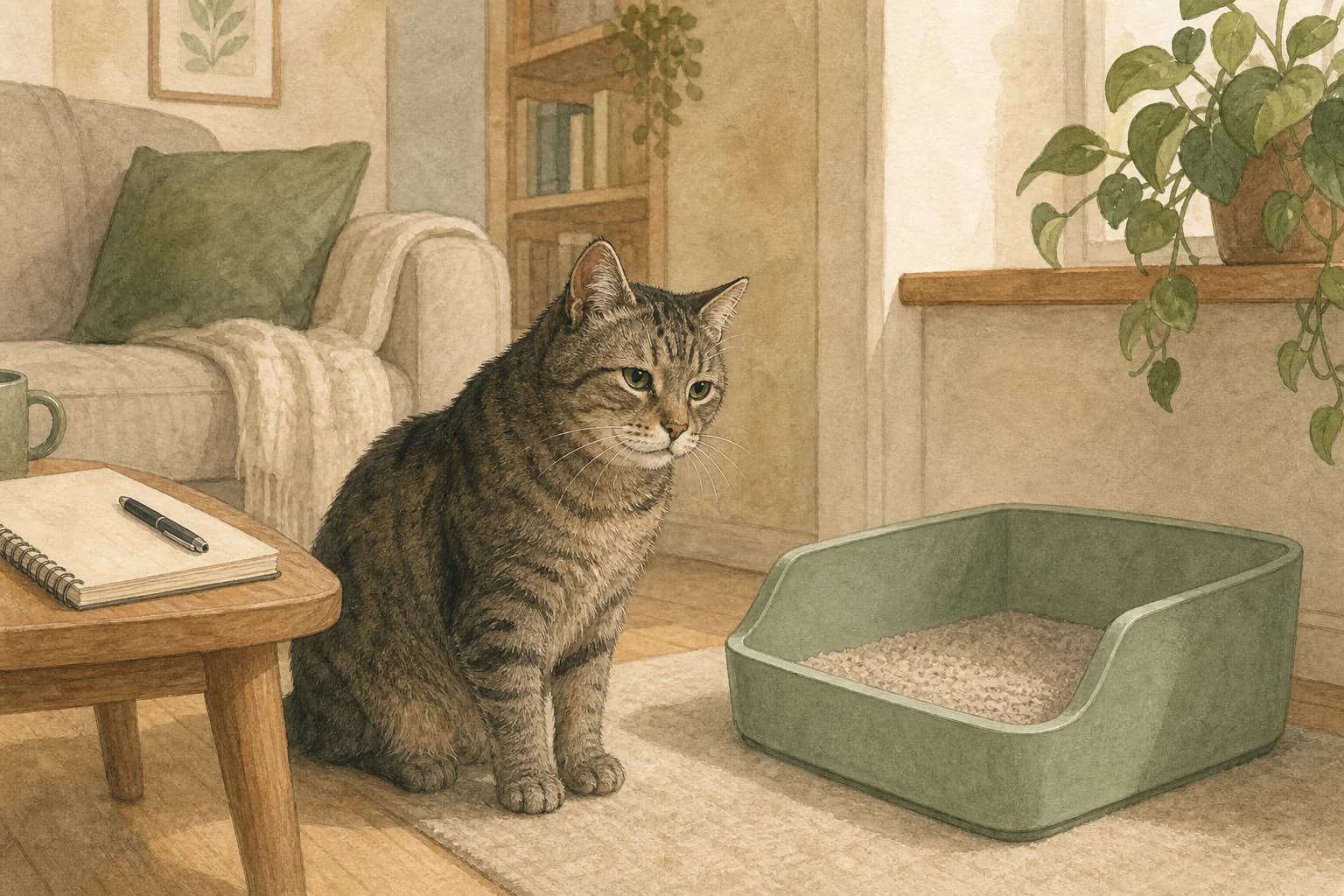 An older tabby beside a low-entry litter tray, with a notebook on a separate table