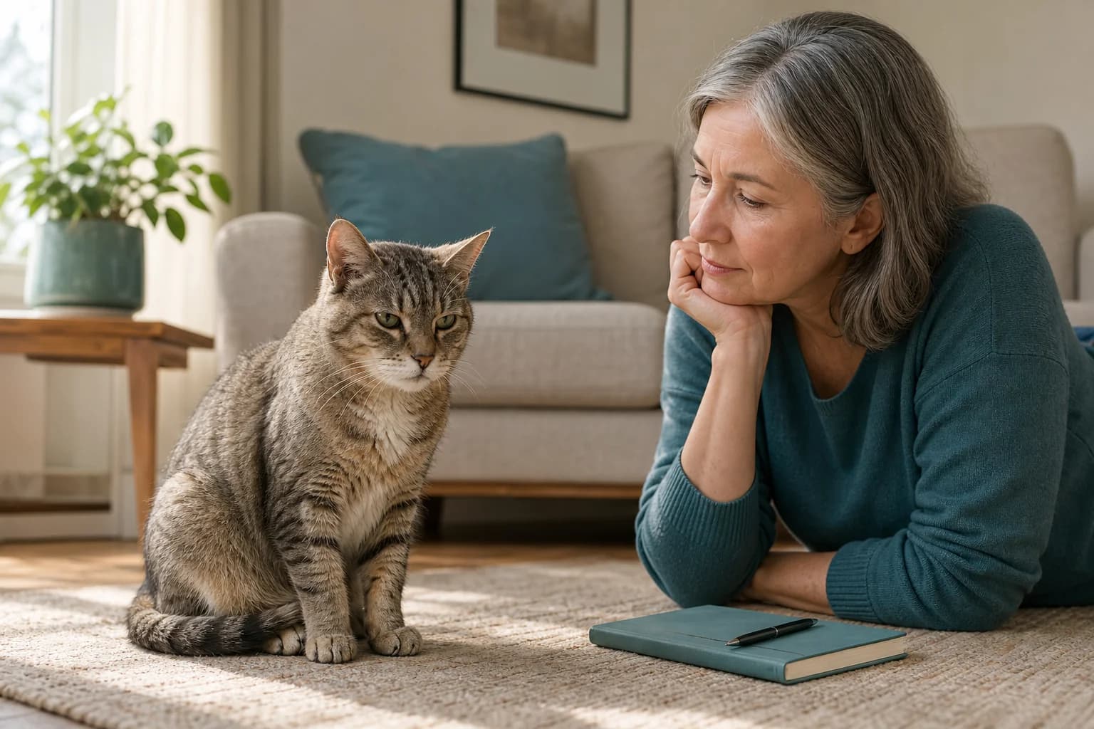 A senior tabby rests beside a caregiver with a closed notebook