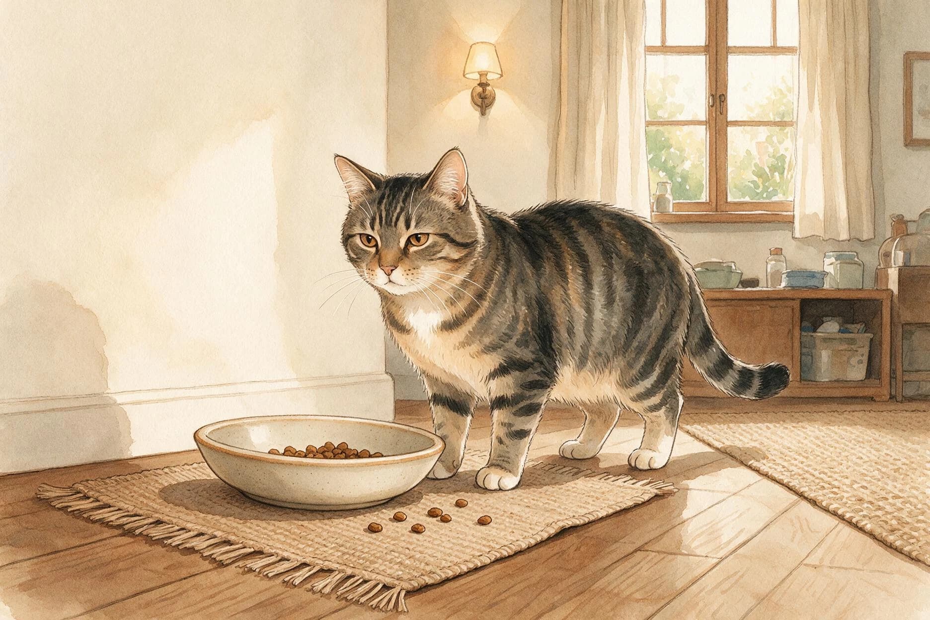 An older tabby cat stands beside a food bowl with a few pieces of kibble on the mat