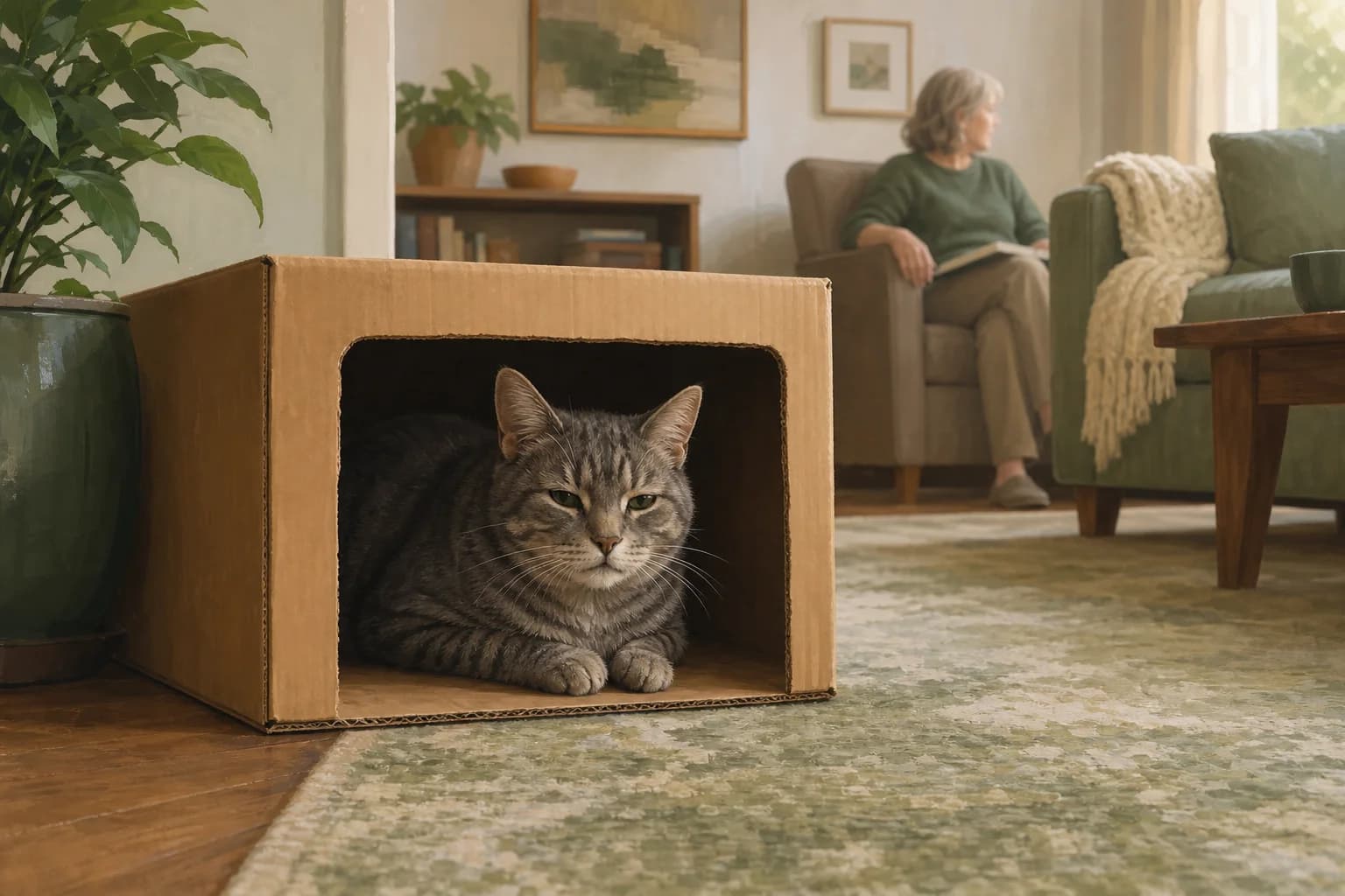 An older tabby resting in a low open-front hide with a clear exit while a caregiver sits at a distance