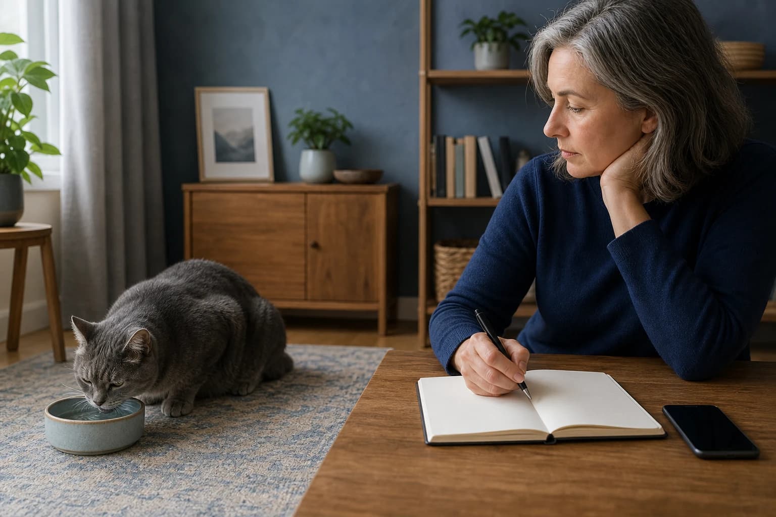 A caregiver notes an older cat’s changed water routine before calling a veterinary clinic