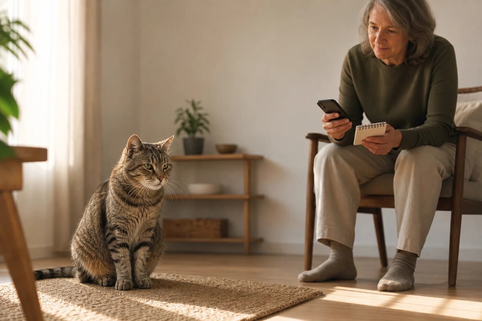 A caregiver observes an older cat from a comfortable distance before calling a veterinary clinic