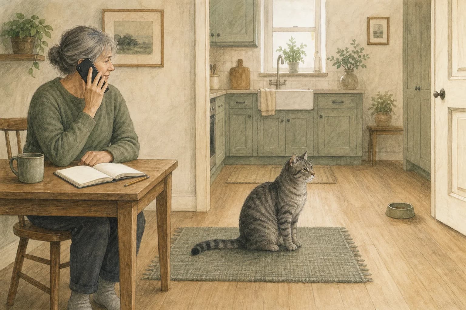 A caregiver speaks on a phone beside an open notebook while a grey tabby sits comfortably on a kitchen rug