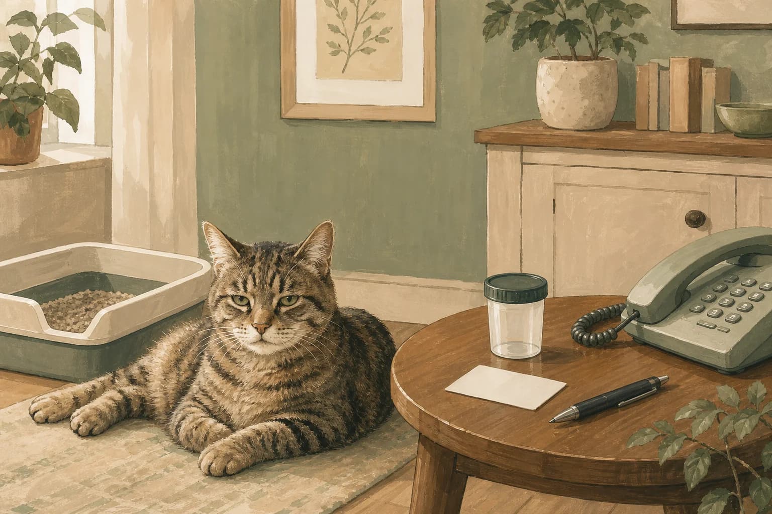 An older cat rests near its usual litter tray while an empty sample pot, blank label and phone sit on a separate table