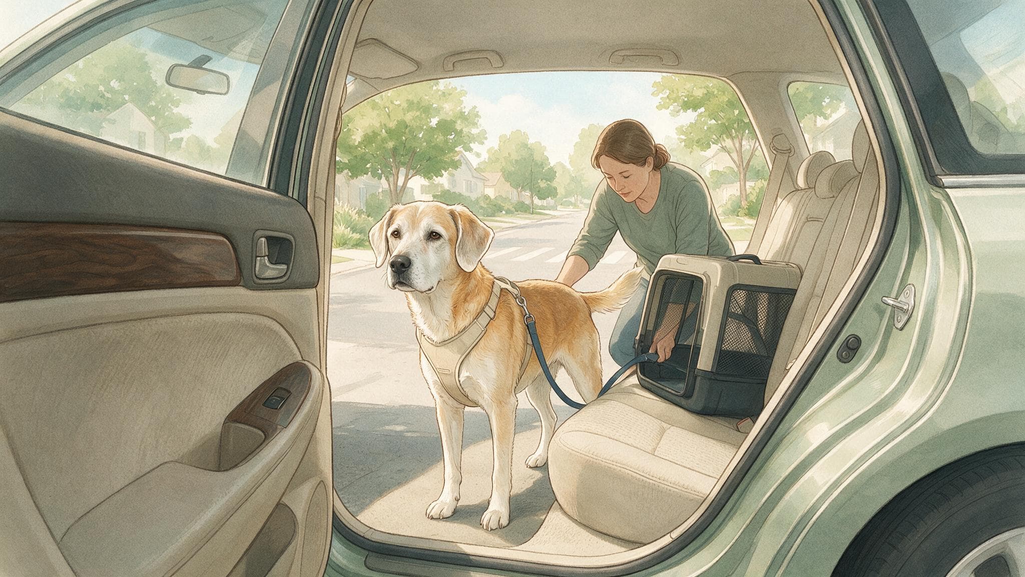 Illustration of a caregiver preparing an open rear-seat area beside a gray-muzzled dog and a generic unbranded travel crate