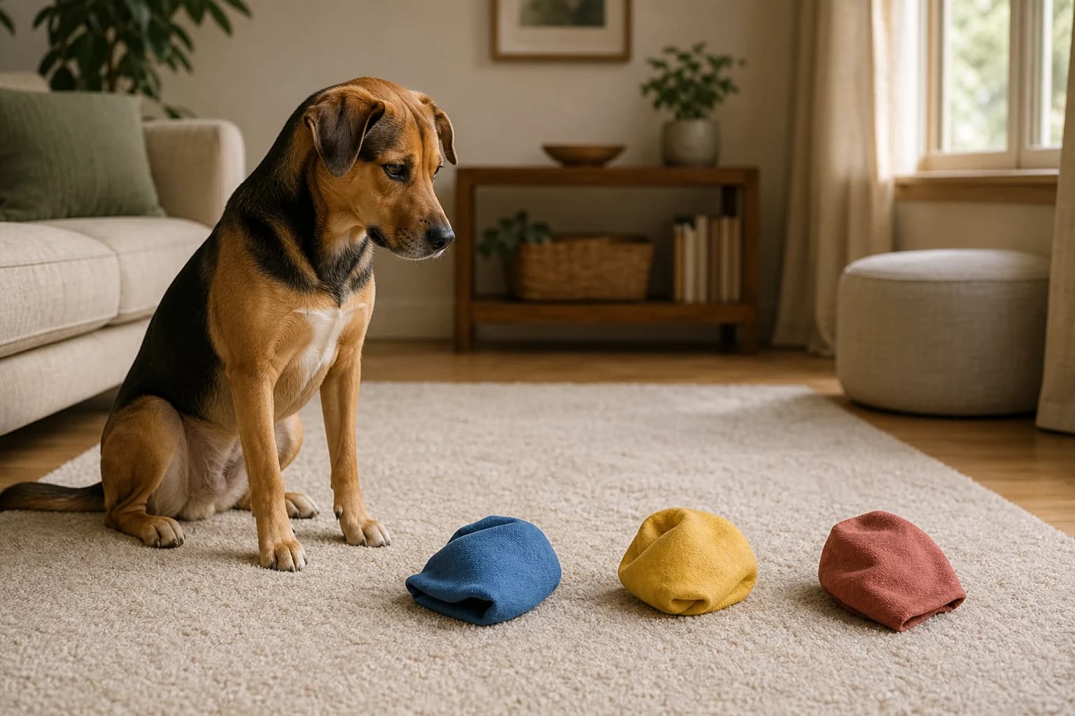 A dog sits beside blue, yellow, and muted red fabric objects on a cream rug.