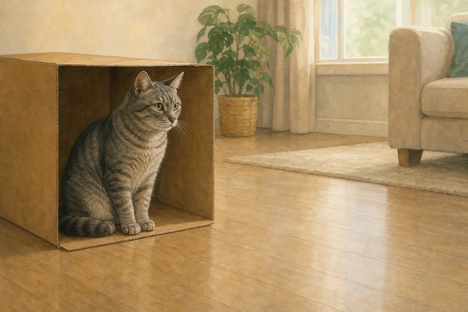 A gray tabby cat sits inside a cardboard box on a wooden floor in a living room.