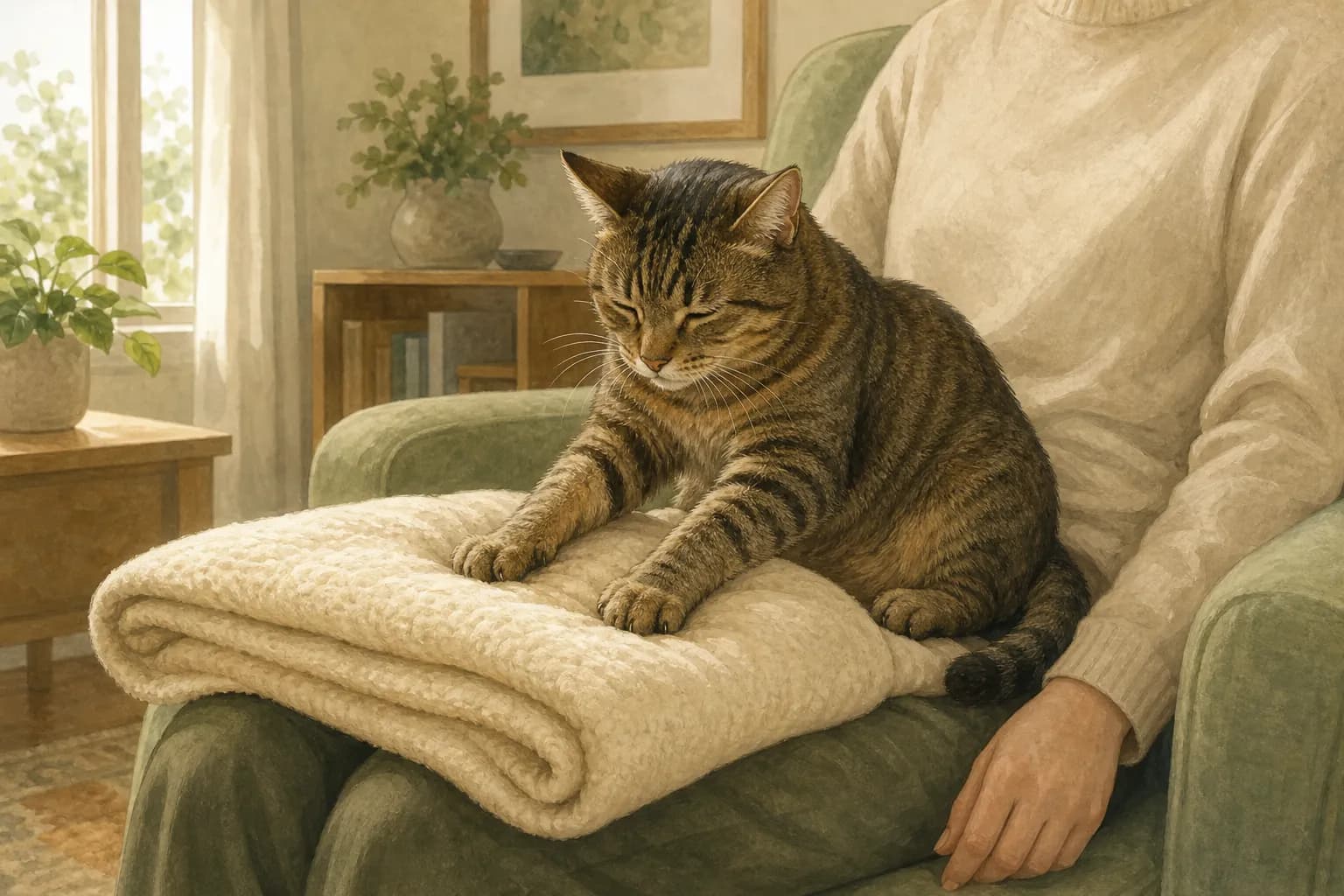 A cat presses its front paws into a folded blanket on a person’s lap