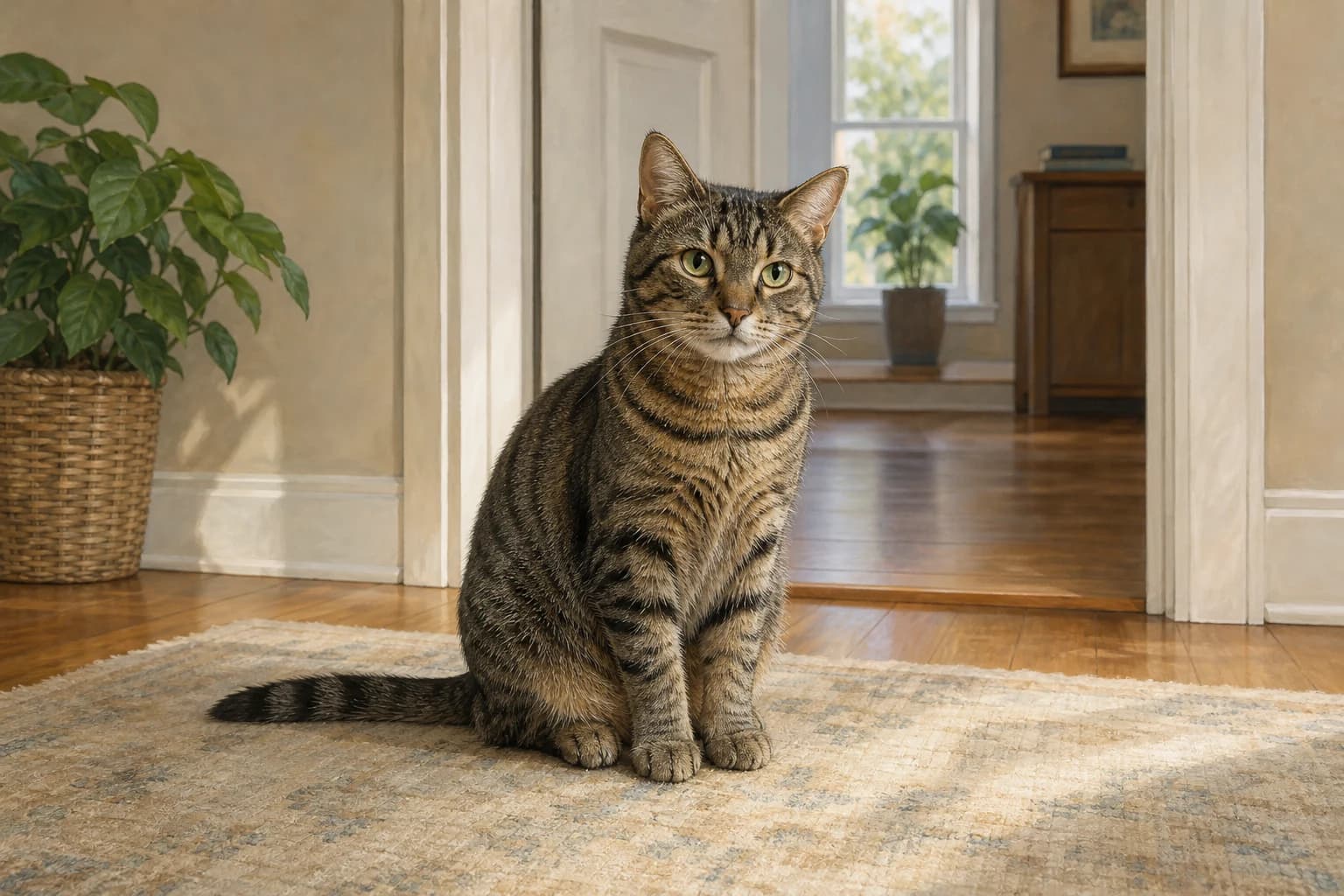 A tabby cat sits on a rug beside an open doorway at home.