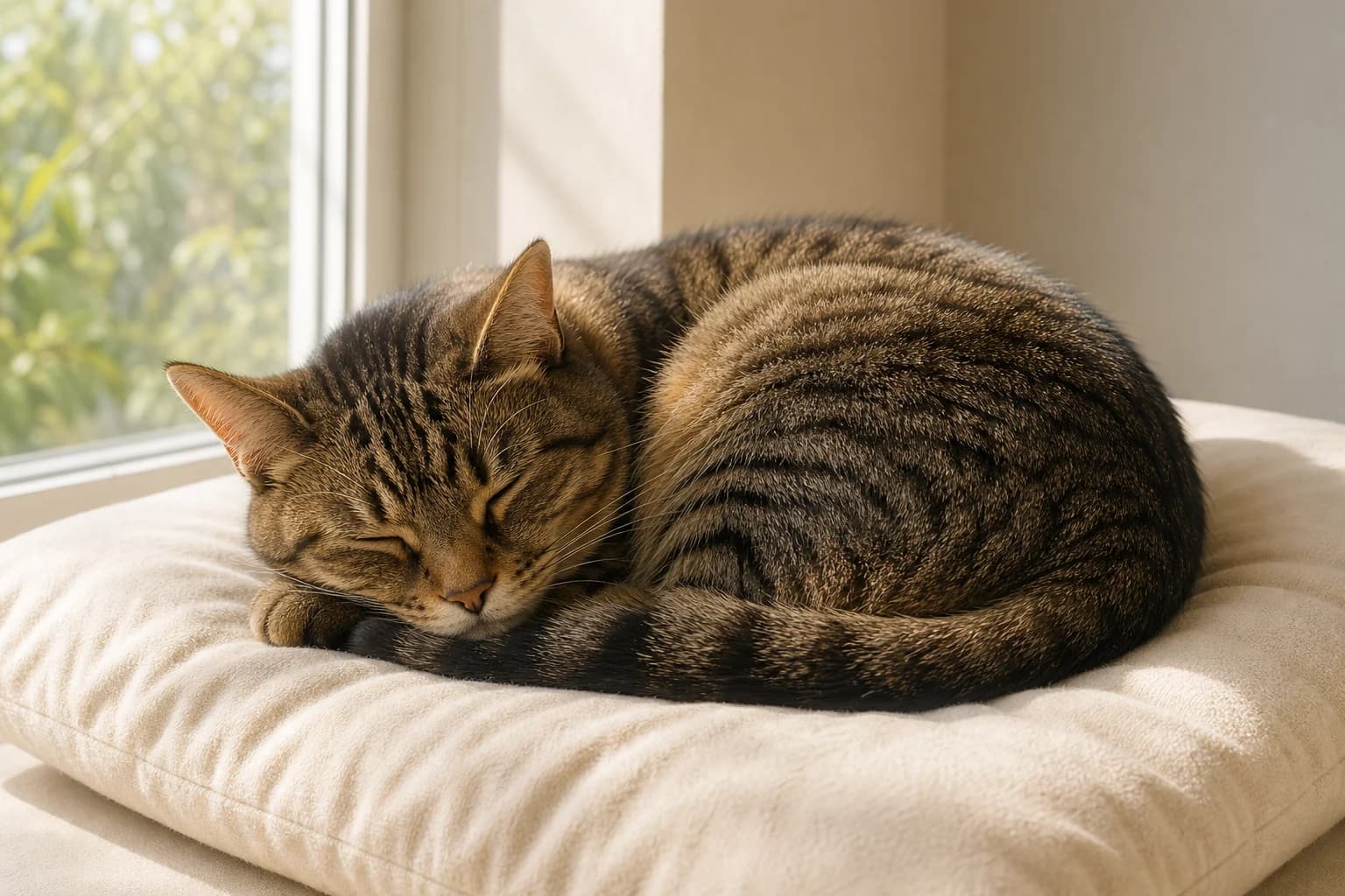 A tabby cat sleeps curled on a cream cushion beside a window.