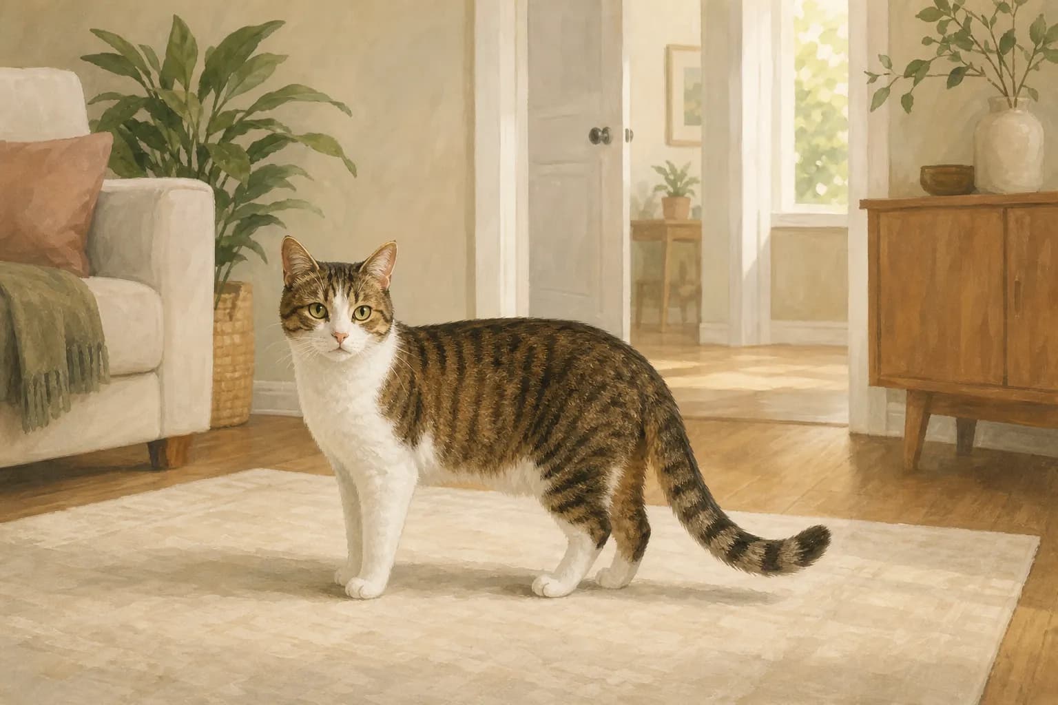 A tabby-and-white cat stands on a rug with its tail visible in a sunlit room.