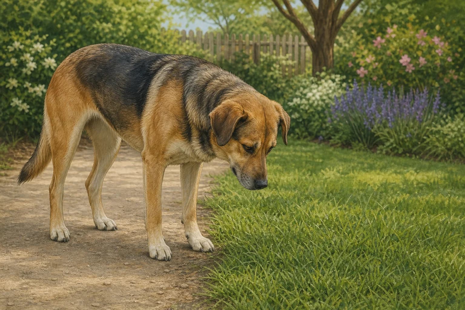 A calm dog looks toward a lawn outdoors; the illustration does not show grass eating.