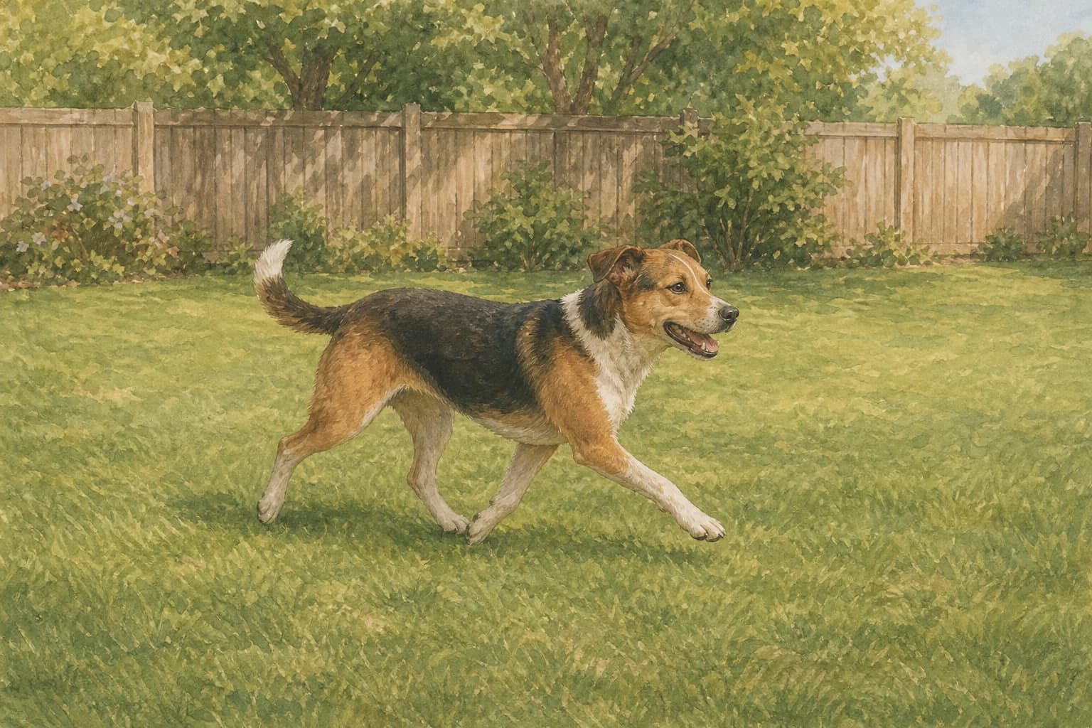A mixed-breed dog moves across level grass in a fenced yard.