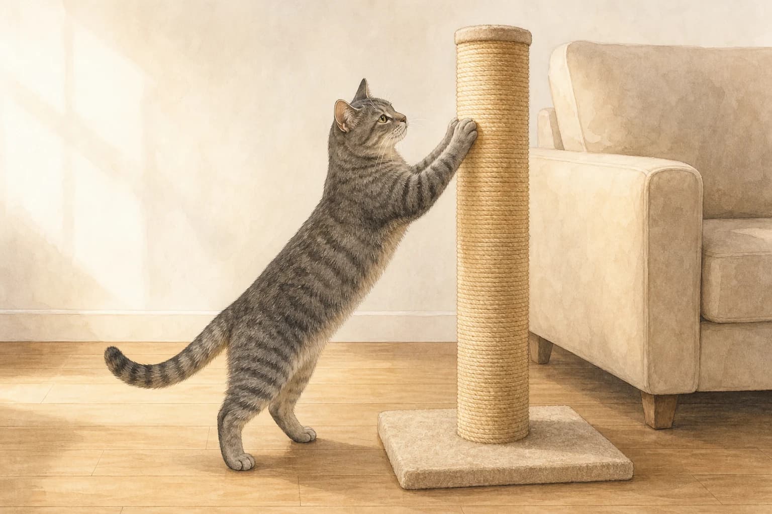 A grey tabby places its two front paws on a plain scratching post while standing on the floor.