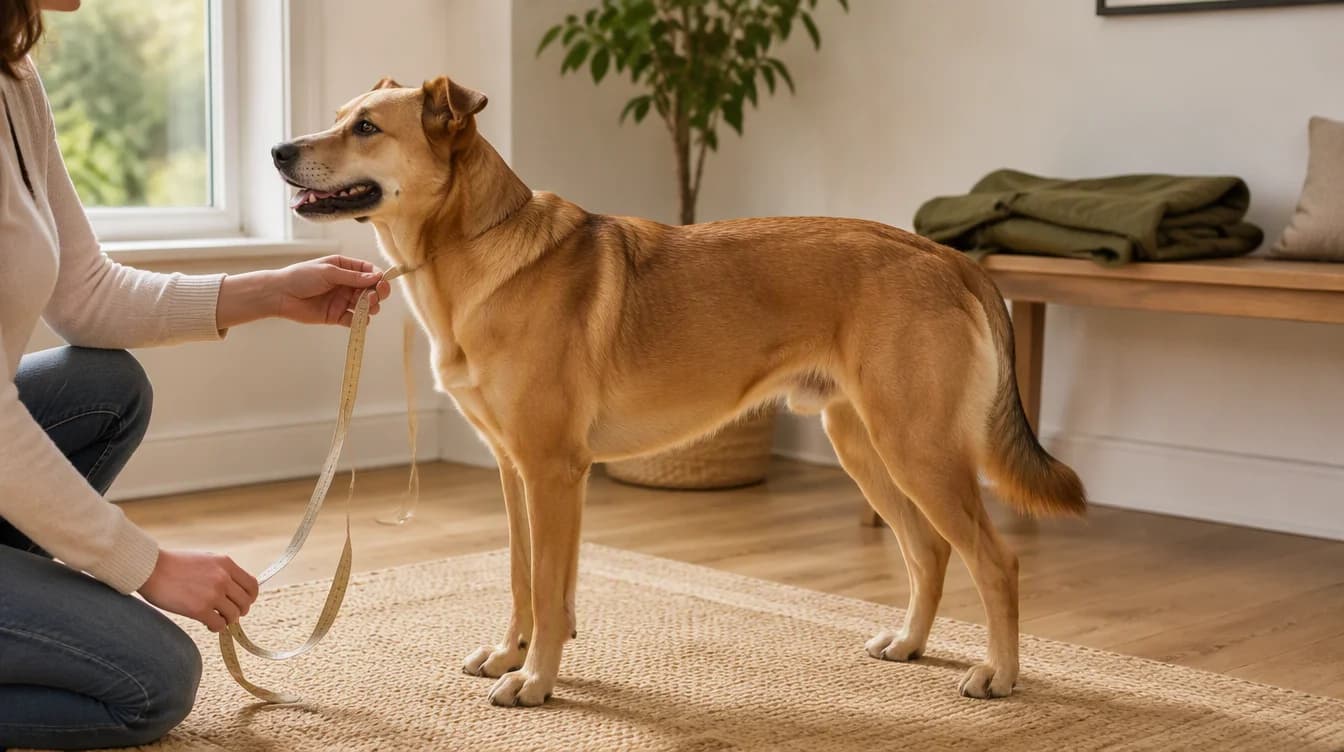 A standing dog beside a person holding a soft measuring tape in a home.