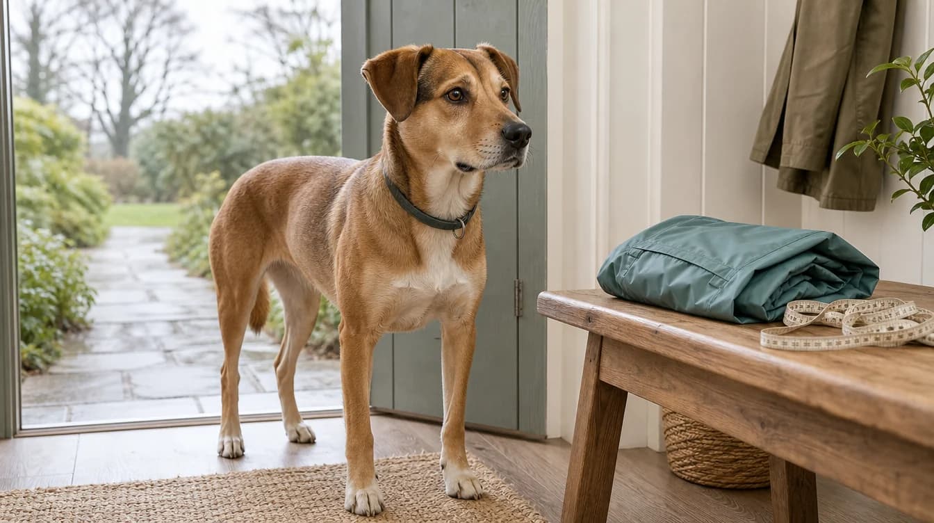 A dog stands near an open doorway; a folded rain layer and measuring tape sit on a table.