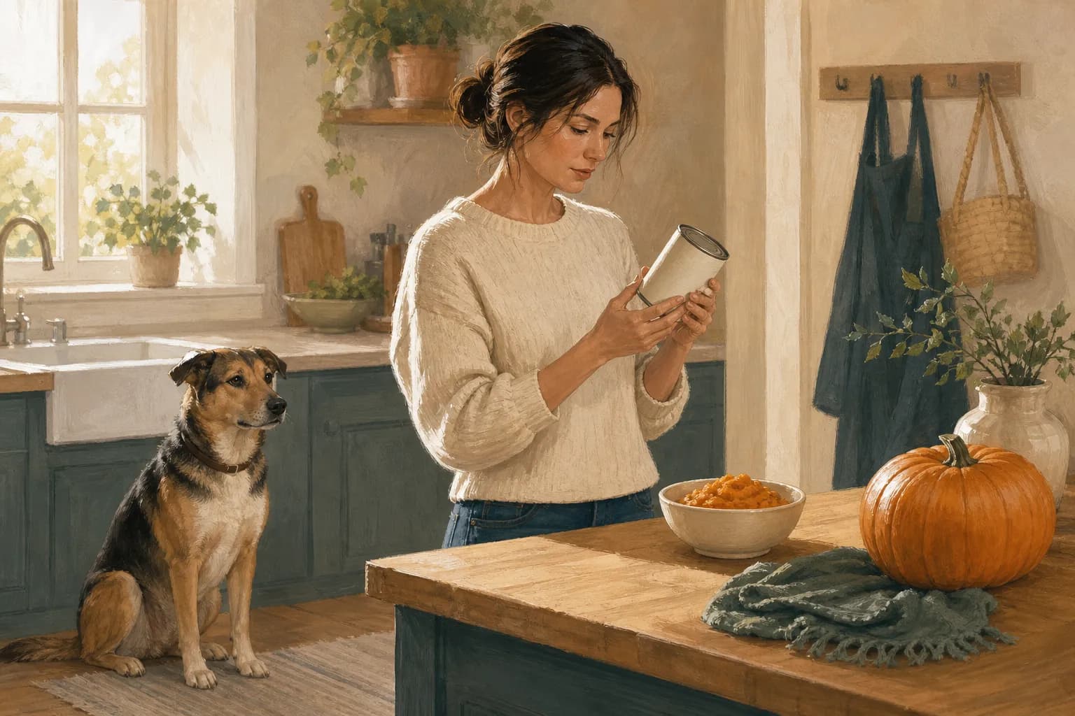 A caregiver examines an unbranded can while a dog waits beside a kitchen counter with pumpkin purée