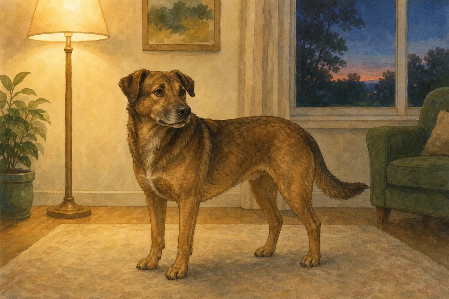 A brown dog stands on the floor in a dim room with a floor lamp and window at dusk.