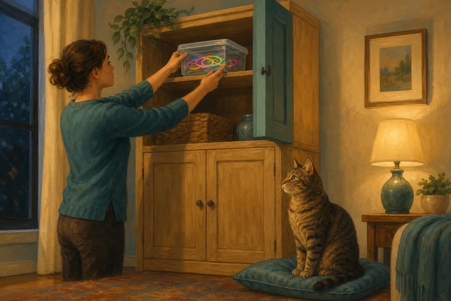 A caregiver stores glow bracelets in a lidded box on a cupboard shelf while a cat sits nearby