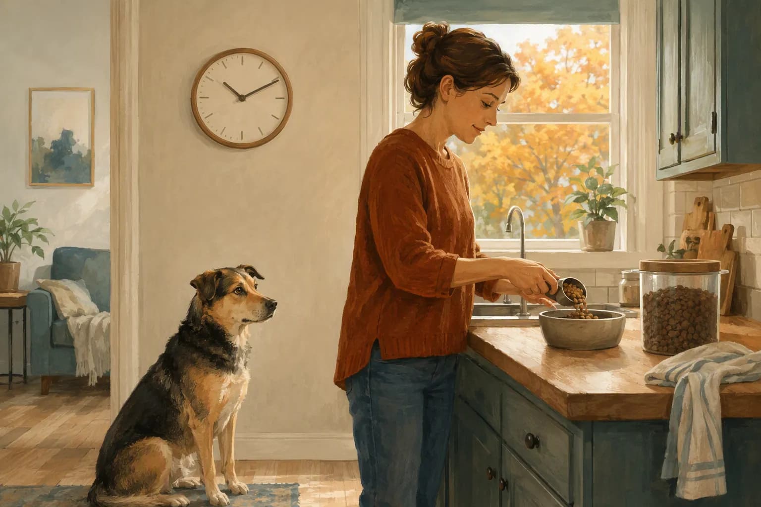A caregiver prepares a dog's breakfast while the dog waits nearby