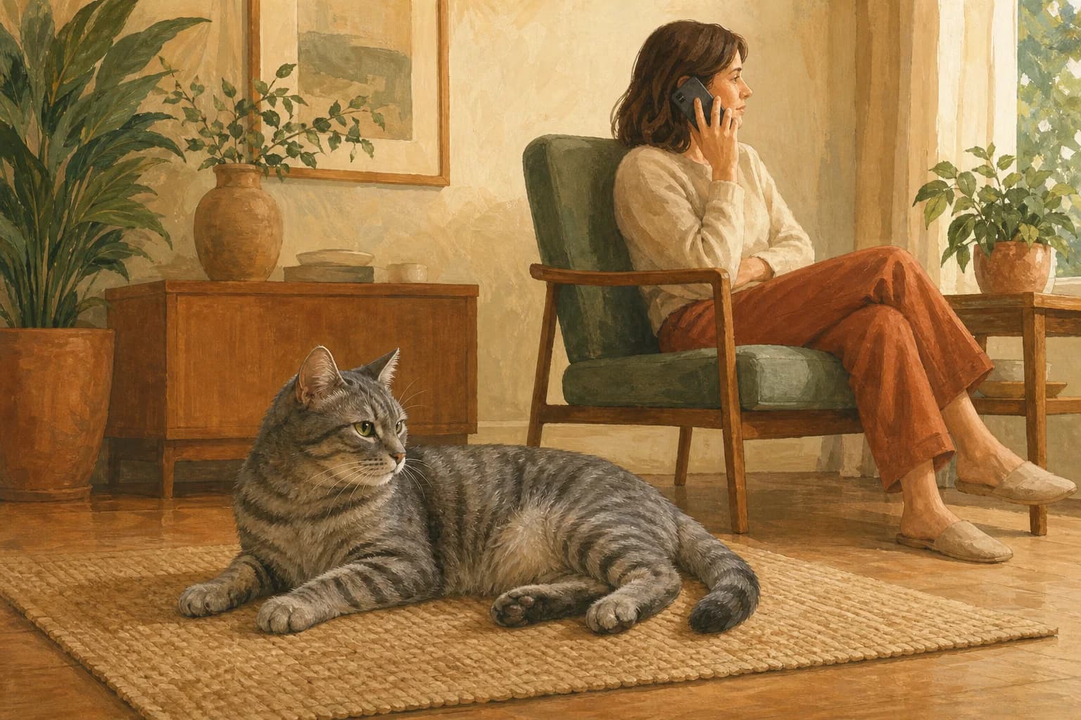 A gray tabby rests on a flat mat while a caregiver sits nearby speaking on the phone