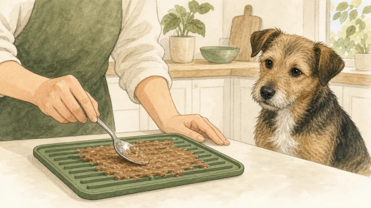 Illustration of a caregiver preparing a lick mat while a dog waits nearby.