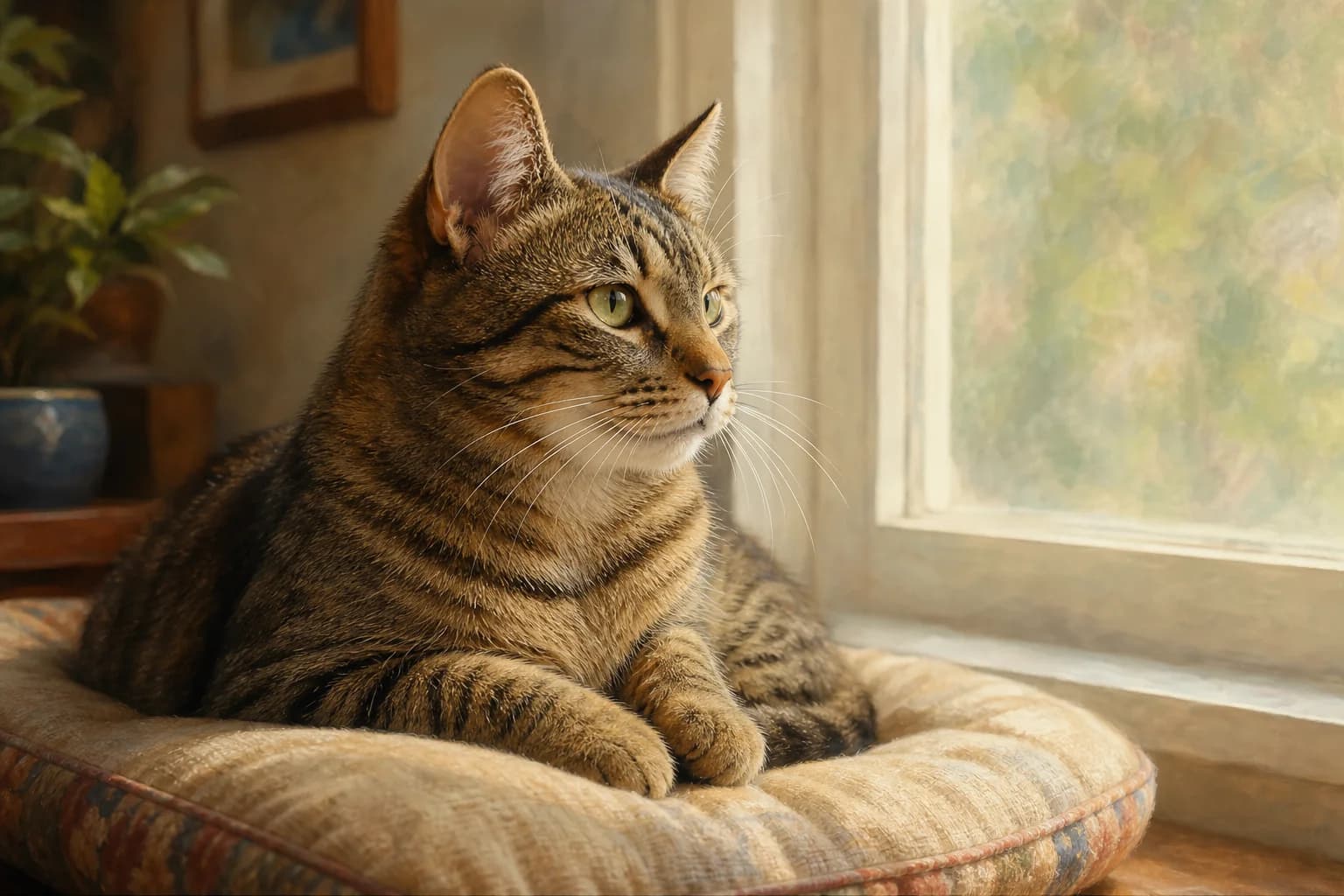 A tabby cat rests on a cushion beside a window, its whiskers visible.