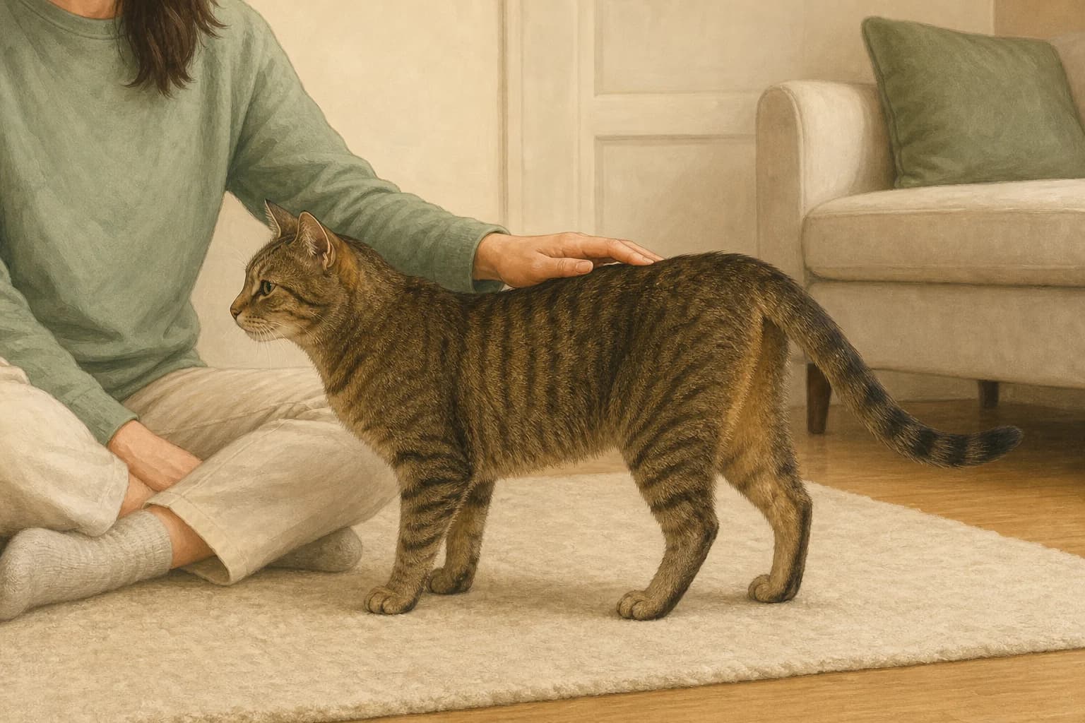 A cat stands beside a seated person with a hand resting on its back.