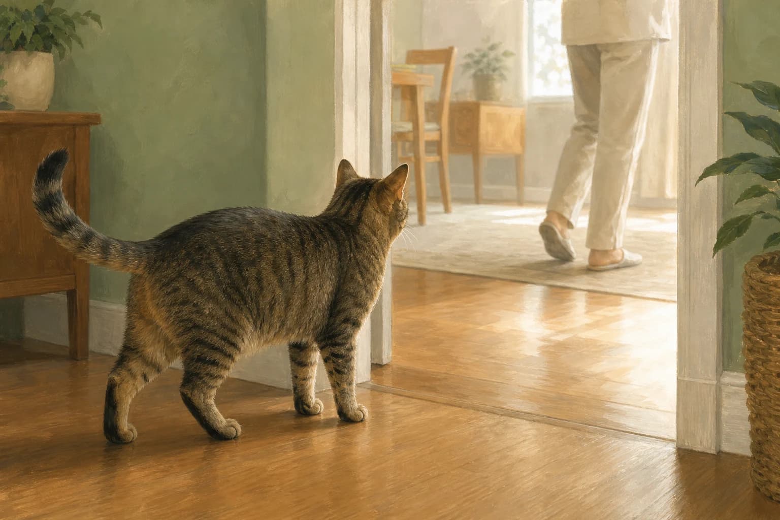 A tabby cat stands inside a doorway, facing a person’s lower legs in the next room.
