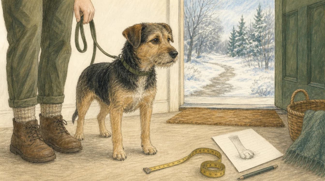 A bare-pawed dog stands beside a person holding its leash near a tape measure at a snowy doorway.