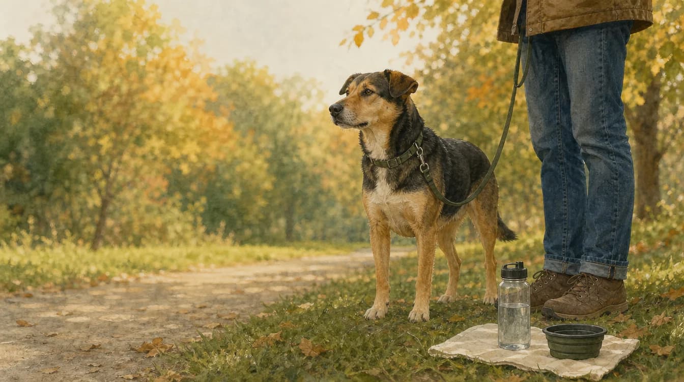 Illustration of a caregiver beside a standing dog, with a plain water bottle and collapsible bowl on a cloth.