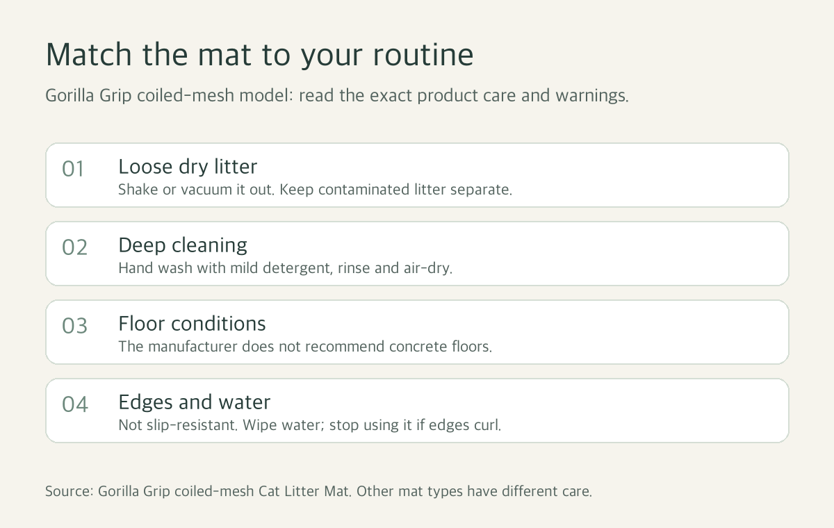 Gorilla Grip coiled-mesh mat care and floor-warning checklist